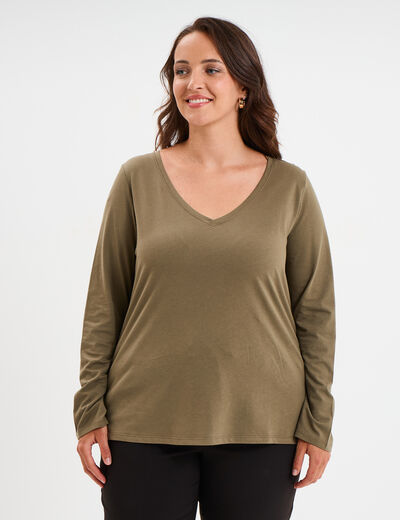 T-shirt col en V manches longues coton vert kaki femme grande taille