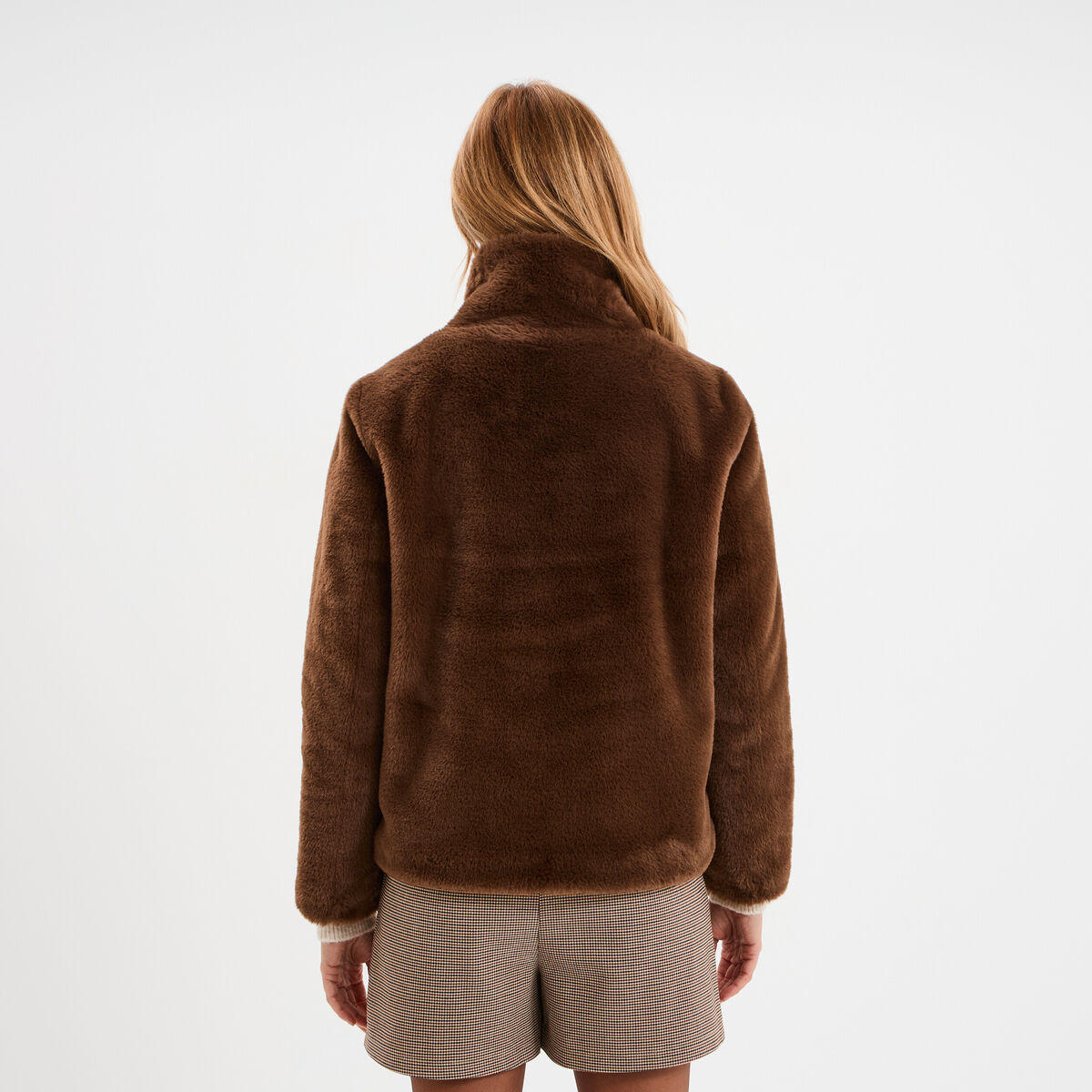 Veste fausse fourrure col montant marron femme