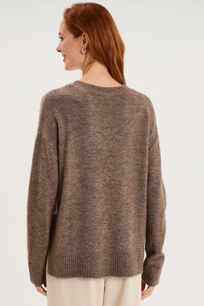Pull col en V manches longues taupe femme