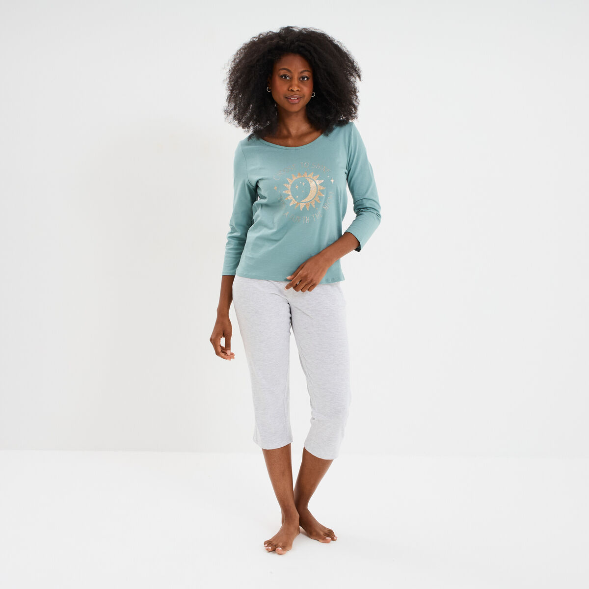 Ensemble pyjama corsaire t-shirt coton bleu gris femme