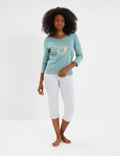 Ensemble pyjama corsaire t-shirt coton bleu gris femme