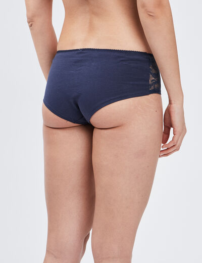Boxer en coton avec dentelle bleu marine femme