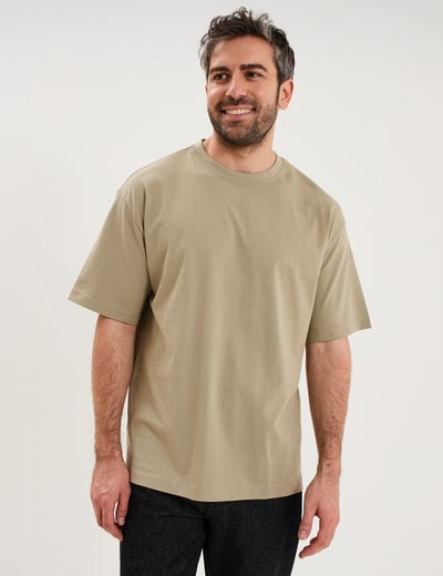 T-shirt col rond coupe relax coton &eacute;pais vert kaki homme