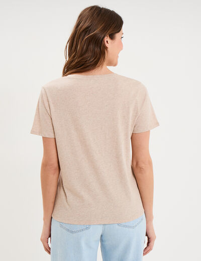 T-shirt manches courtes col en V coton beige femme