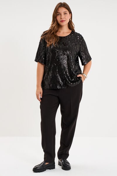 T-shirt sequins manches courtes loose noir femme grande taille