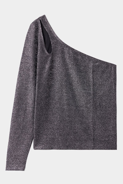 T-shirt asymétrique métallisé ouverture noir femme