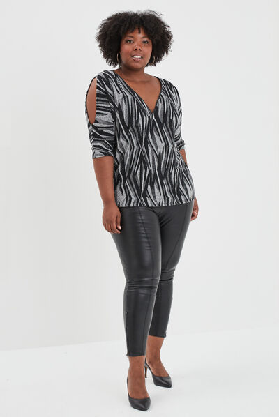T-shirt col V avec ouvertures épaules noir femme grande taille