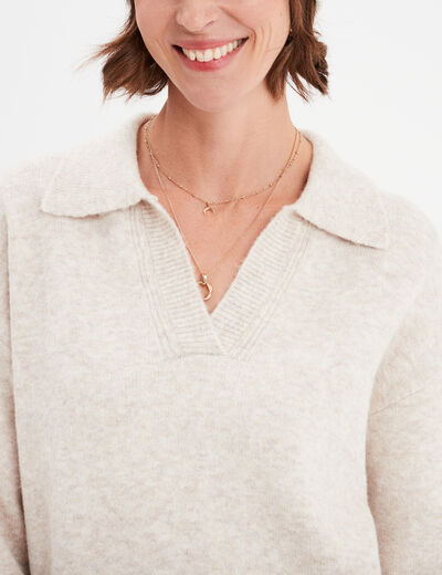 Pull col polo manches longues Creeks ecru femme