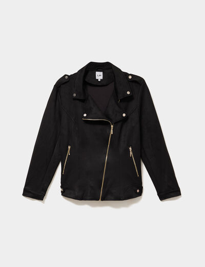 Blouson zipp&eacute; effet su&eacute;dine style biker noir femme grande taille