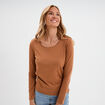 T-shirt coton col rond manches longues marron clair femme