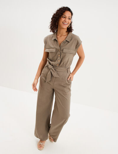Combinaison pantalon lin m&eacute;lang&eacute; vert kaki femme