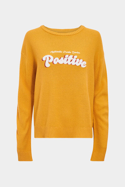 Pull col rond jaune moutarde femme