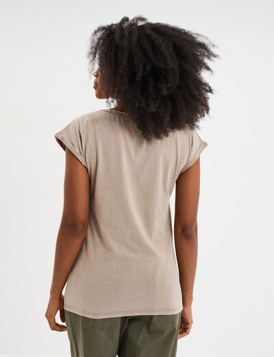 T-shirt coton col en V manches courtes vert kaki femme