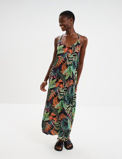 Robe longue bretelles croisées dos noir femme