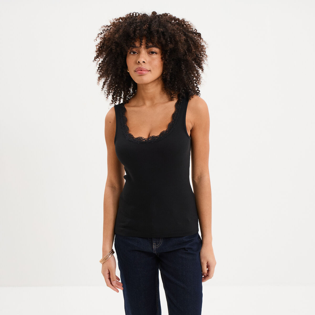 D&eacute;bardeur c&ocirc;tel&eacute; encolure dentelle noir femme