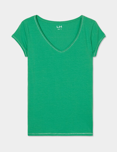 T-shirt col V ajusté manches courtes vert femme