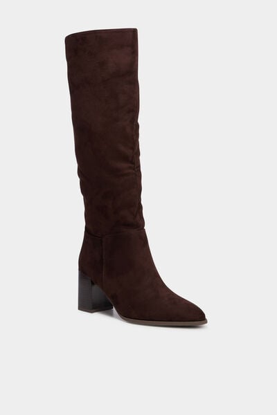 Botte haute talon bloc su&eacute;dine marron fonc&eacute; femme