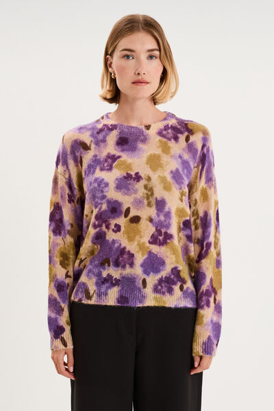 Pull col rond manches longues relax beige femme