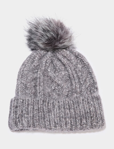 Bonnet &agrave; torsades et pompon gris fonc&eacute; femme
