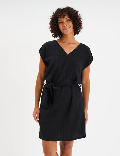 Robe effet gaufr&eacute; manches courtes noir femme