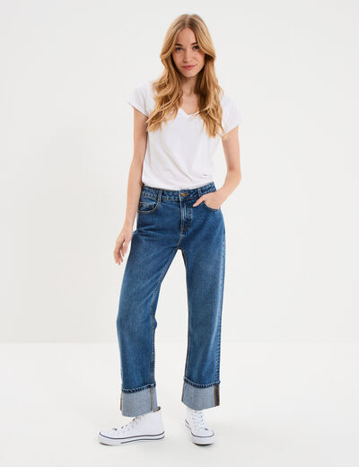 Jean droit cropped bas revers denim stone femme