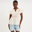 Blouse brod&eacute;e manches volants coton creme femme