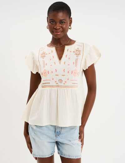 Blouse brod&eacute;e manches volants coton creme femme