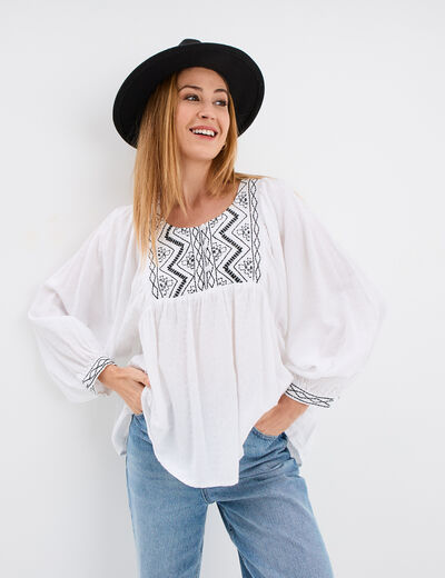 Blouse brodée manches ballons blanc femme