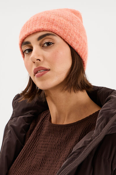 Bonnet maille c&ocirc;tel&eacute;e rose corail femme