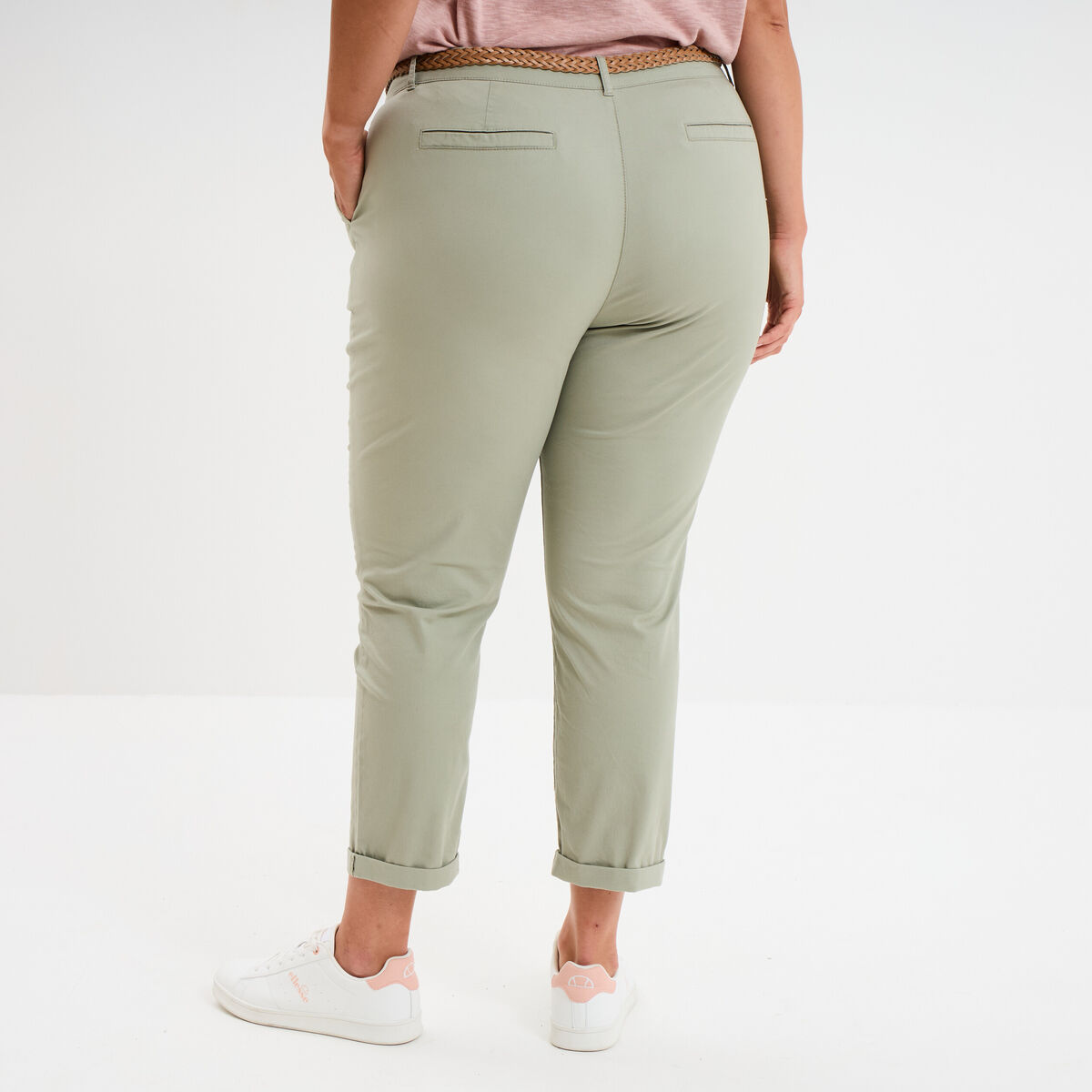 Pantalon chino taille haute coton vert kaki femme grande taille