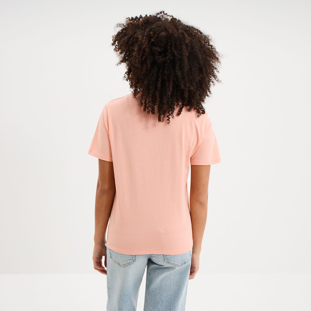 T-shirt col rond manches courtes coton rose poudr&eacute;e femme