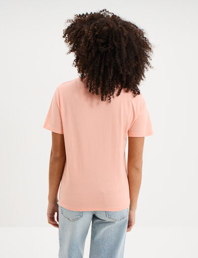 T-shirt col rond manches courtes coton rose poudr&eacute;e femme