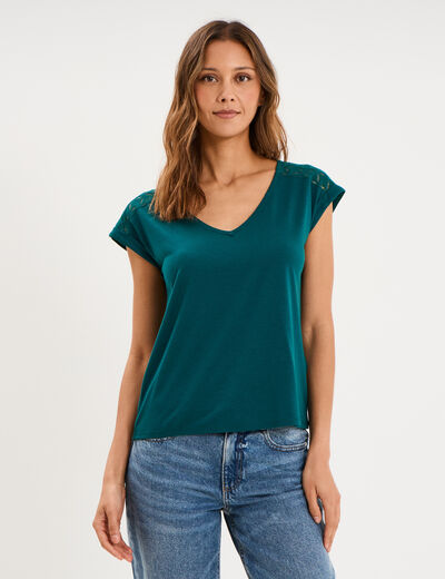 T-shirt col en V ajour&eacute; &eacute;paules et dos vert fonc&eacute; femme