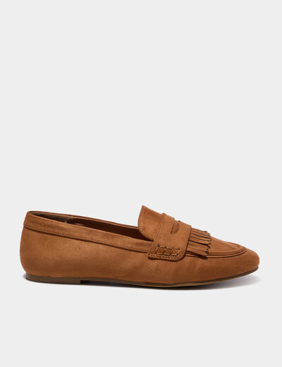 Mocassins &agrave; franges effet su&eacute;dine marron femme