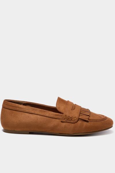 Mocassins &agrave; franges effet su&eacute;dine marron femme