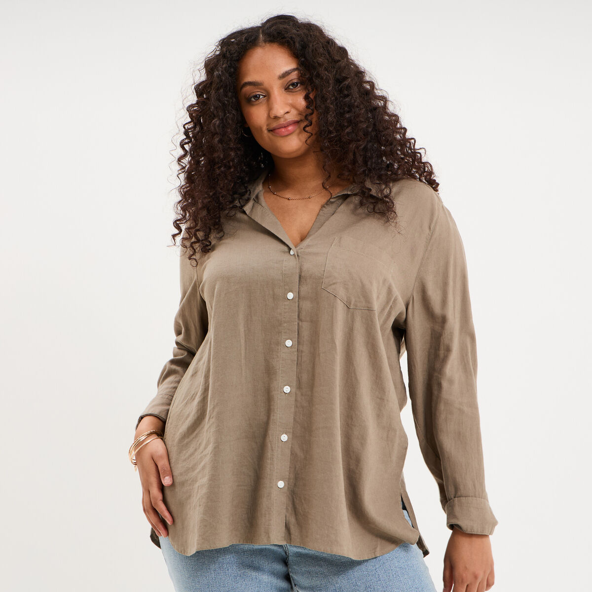Chemise oversize lin m&eacute;lang&eacute; vert kaki femme grande taille