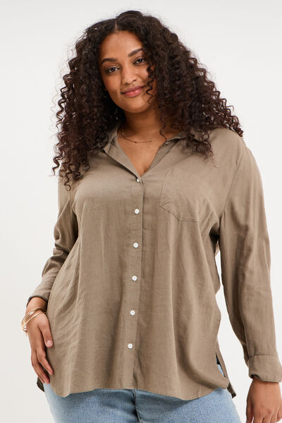 Chemise oversize lin m&eacute;lang&eacute; vert kaki femme grande taille