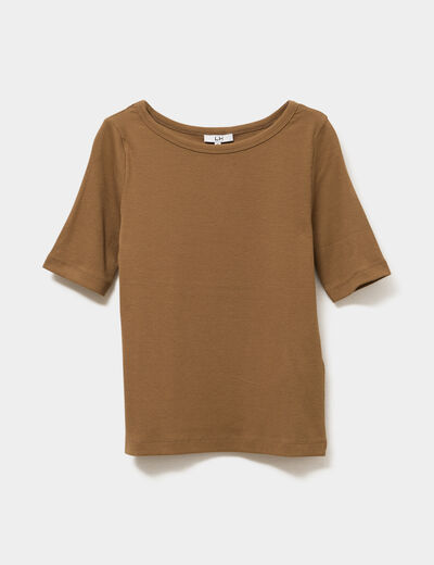 T-shirt col rond manches courtes coton beige femme