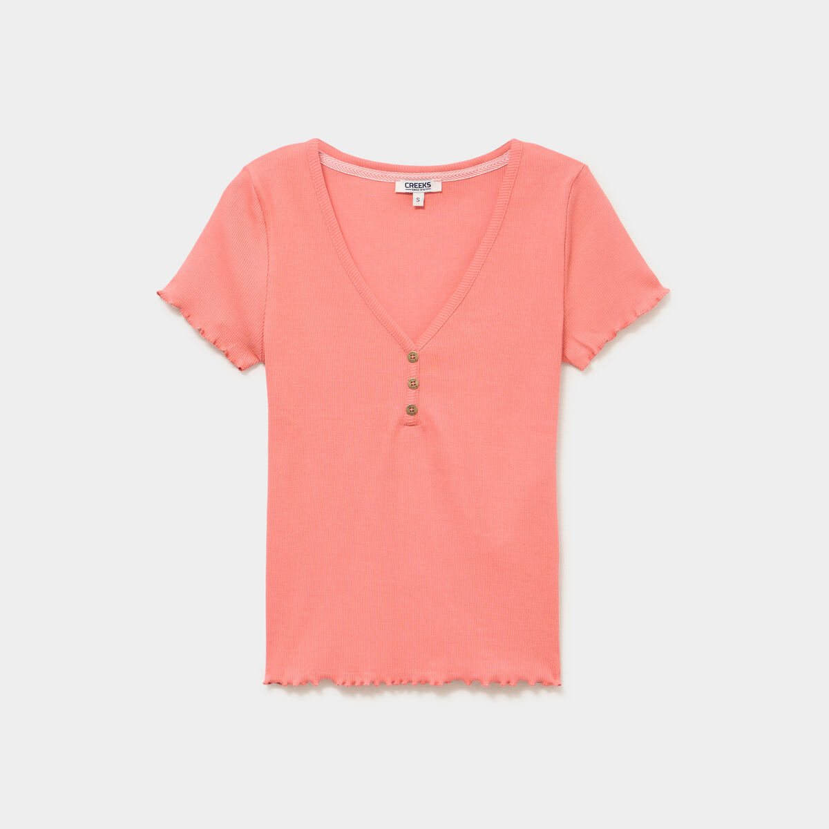 T-shirt ajust&eacute; col en V avec boutons vieux rose femme