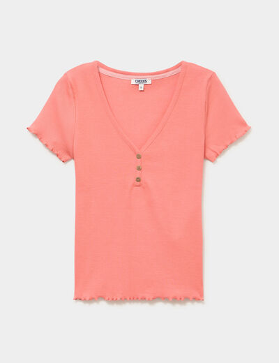 T-shirt ajust&eacute; col en V avec boutons vieux rose femme