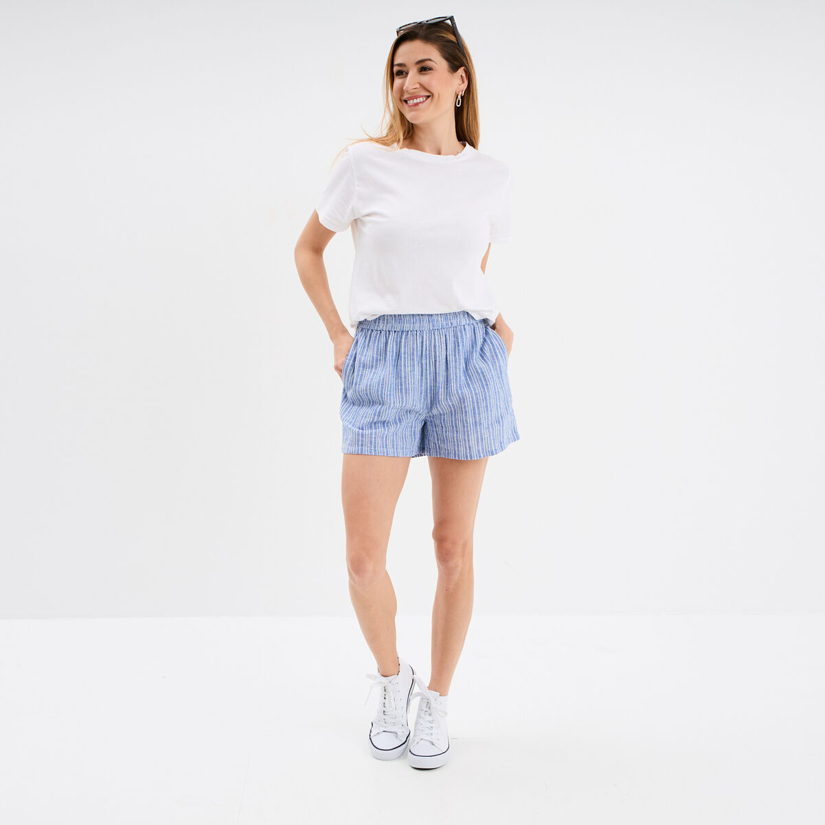 Short fluide coton lin taille élastiquée bleu femme
