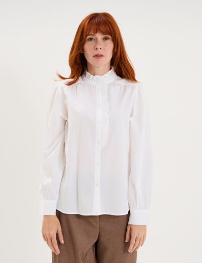 Blouse col montant &agrave; volants coton blanc femme