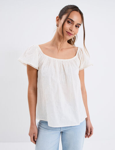 Blouse brodée col bardot coton creme femme