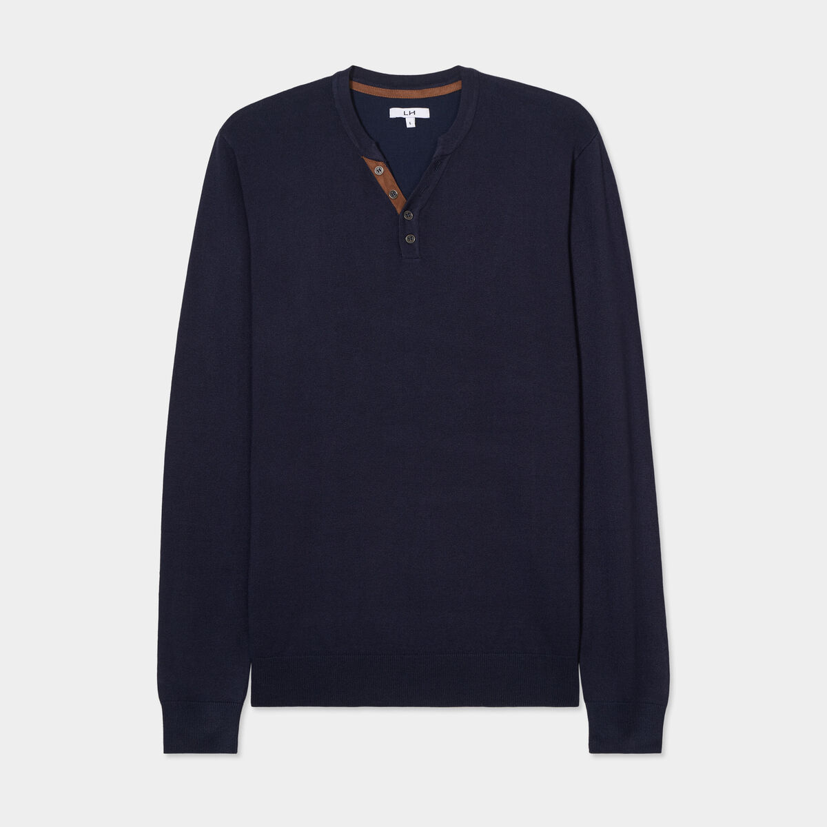Pull col tunisien manches longues bleu marine homme