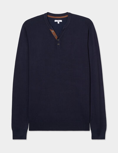 Pull col tunisien manches longues bleu marine homme