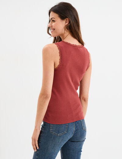 Débardeur coton bords dentelle rouge foncé femme