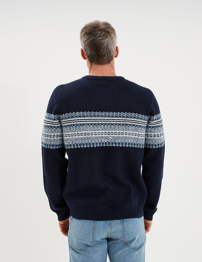 Pull jacquard col rond manches longues bleu fonc&eacute; homme