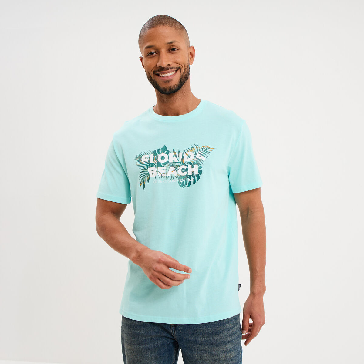 T-shirt &agrave; manches courtes droit coton bleu turquoise homme