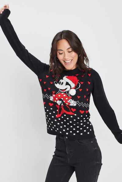 Pull de Noël manches longues Minnie noir femme