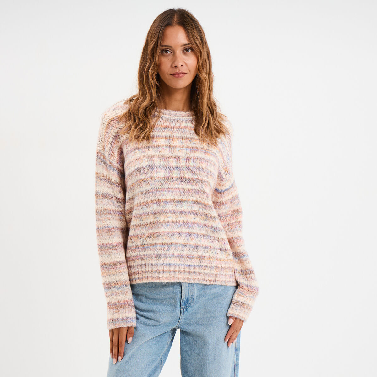 Pull droit col rond manches longues multicolore femme
